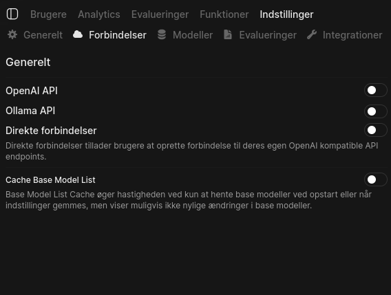 API indstillinger i admin panelet