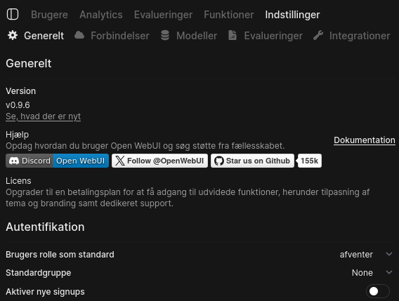 authentication indstillinger i admin panelet