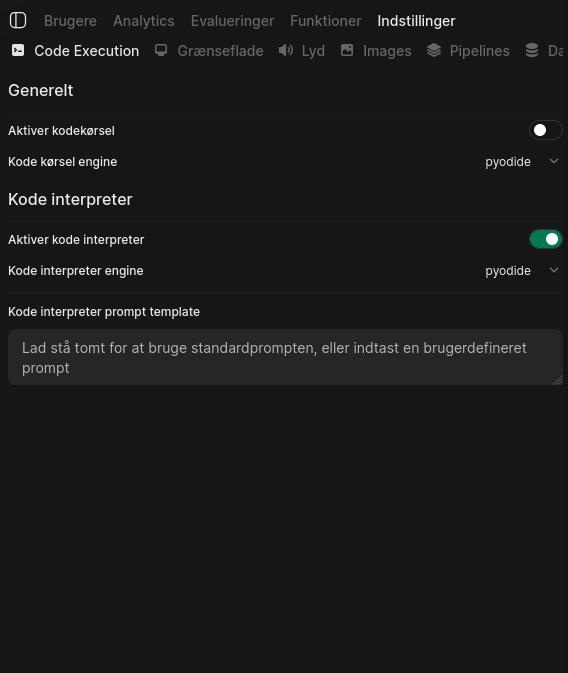 Code Execution indstillinger i admin panelet