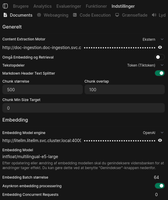 Documents indstillinger i admin panelet