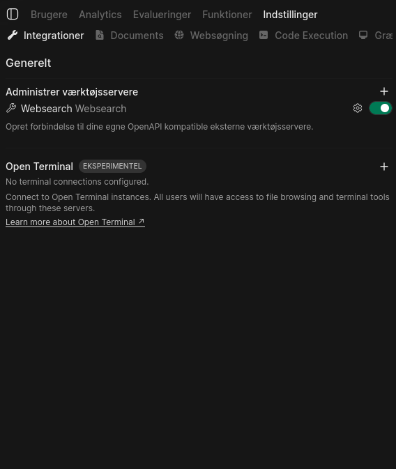 Integrationer indstillinger i admin panelet